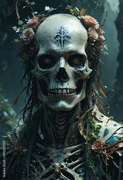 Fototapeta The art of death, flowers bloom on the body of a skeleton, Generative AI