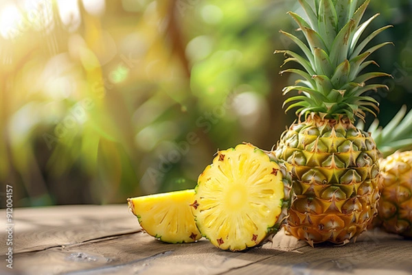 Fototapeta Pineapple fruit with blurry background. One of them being cut. Generative AI