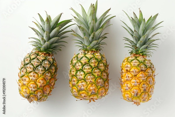 Fototapeta Three pineapples laying down on white background. Generative AI