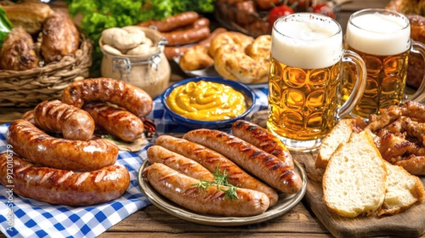 Fototapeta beer on the table and appetizing German sausages. AI generative.