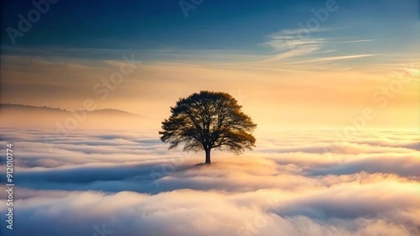 Fototapeta Silhouetted tree rising from sea of mist in dense fog , misty, atmospheric, nature, ethereal, mysterious, silhouette, tranquil