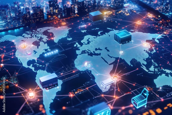 Fototapeta Distribution and logistics concept of global digital internet marketing and business. AI generative.