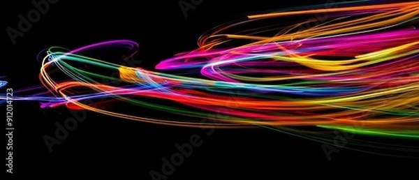 Fototapeta Overlay of colorful light trails, on black background, Generative AI