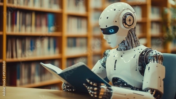Fototapeta A Humanoid Robot Reading a Book in a Library