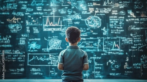 Obraz Young Boy Facing a Chalkboard Covered in Diagrams and Equations