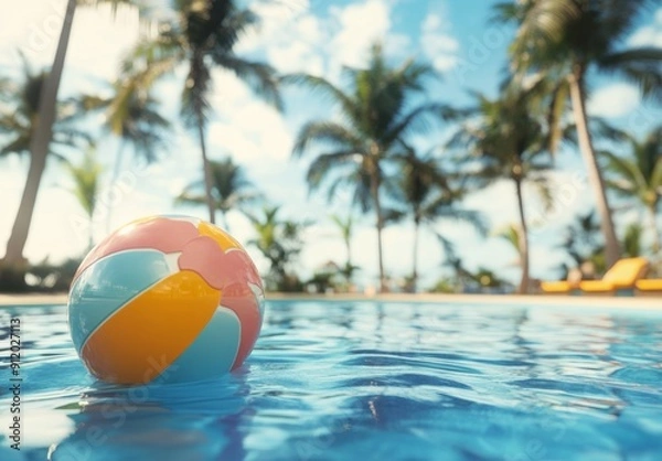 Obraz A beach ball in a clear blue water in a summer themed resort with the sunlight scorching from above, vacation spot, scenic beautiful photography