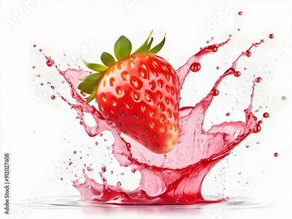Fototapeta Big fresh strawberry fruit floating on splashes and waves of strawberry pulp and juice white background