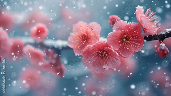 Fototapeta In winter, there are dense plum blossom trees with snow on their branches,generative ai
