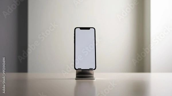 Fototapeta A very detailed and realistic workspace photo shows a cell phone in a stand with a blank white screen from the front view