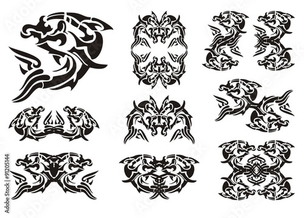 Obraz Tribal dolphin symbols. Dolphin in a jump, frames of a dolphin and double symbols of a dolphin