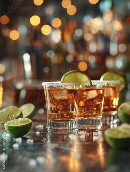 Fototapeta Tequila shots lined up with lime wedges and salt, ready for a round. The setup is on a bar counter with a festive, lively background, capturing the fun of a night out.