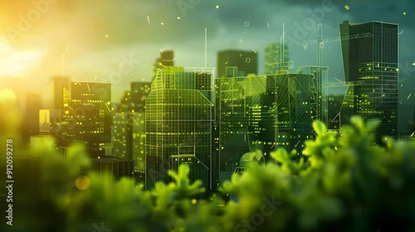 Fototapeta Environmental Sustainability in Construction Blueprints, environmental sustainability in construction blueprints with an image showing architects and engineers incorporating green building practices