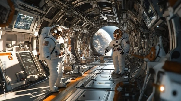 Fototapeta Two Astronauts in a Spacecraft Corridor with Earth View