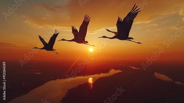 Fototapeta Birds in flight against the setting sun, picturesque and peaceful scene