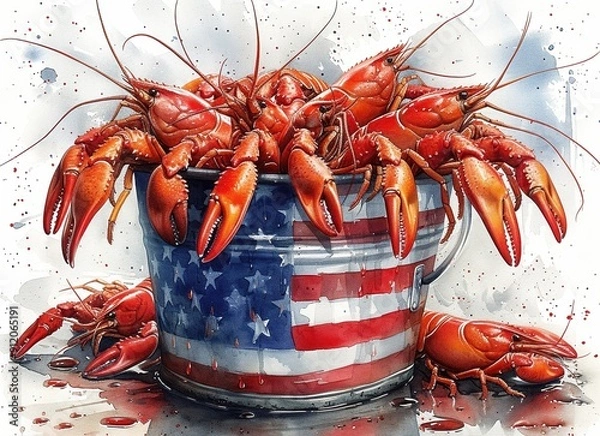 Fototapeta A vibrant bucket filled with lively crawfish against an American flag backdrop, showcasing a festive seafood theme.