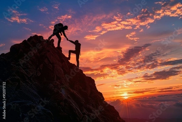 Fototapeta Silhouette of a Man Assisting a Friend to Reach the Mountain Top at Sunset: Concept of Help and Friendship