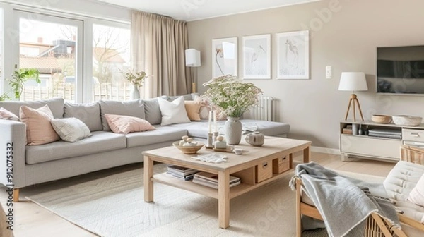 Obraz Stylish living room with modern decor, featuring a cozy sofa, elegant coffee table, and natural light streaming through large windows.