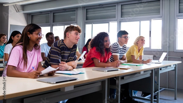 Fototapeta Panoramic image of multiracial happy, smiling college students in classroom listening to lecture.
