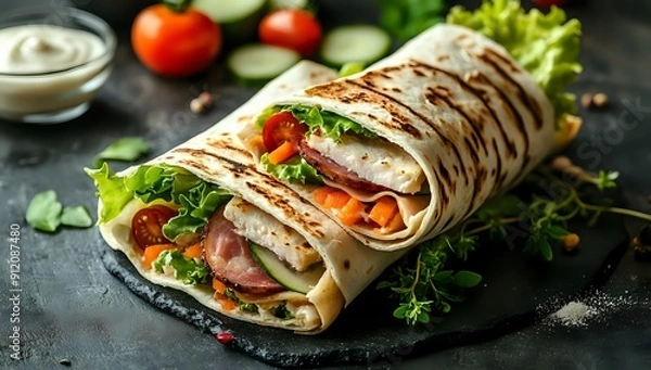 Fototapeta Grilled Tortilla Wrap with Chicken, Bacon, Cucumber, Tomato, and Lettuce