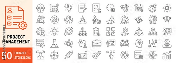 Fototapeta Project Management editable stroke outline web icons set. Project, management, business, plan, strategy, development, process, list and manage. Vector illustration