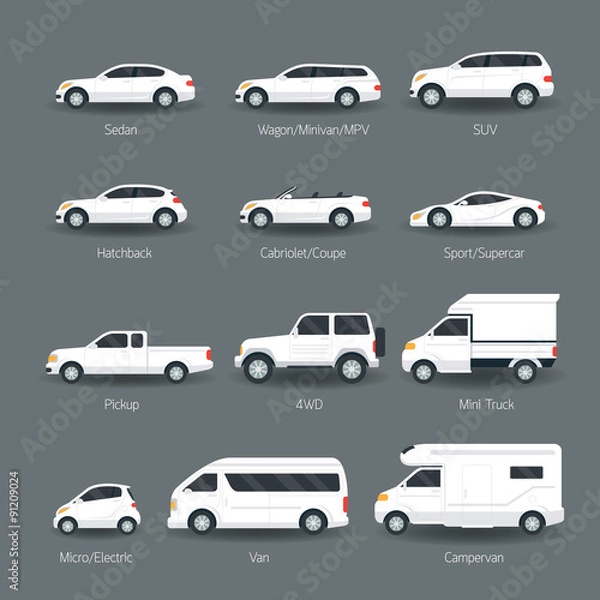 Obraz Car Type and Model Objects icons Set, White Body Color, Automobile,