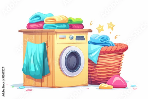Fototapeta Colorful laundry scene featuring a washing machine and a basket full of freshly folded towels.