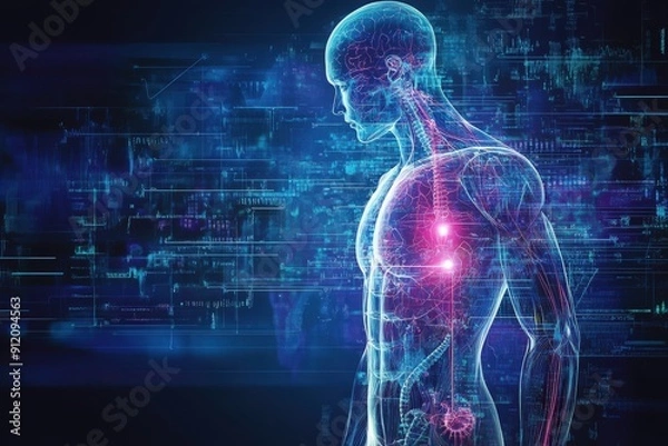 Fototapeta Futuristic illustration of a human body with glowing digital elements showcasing technology and anatomy integration.
