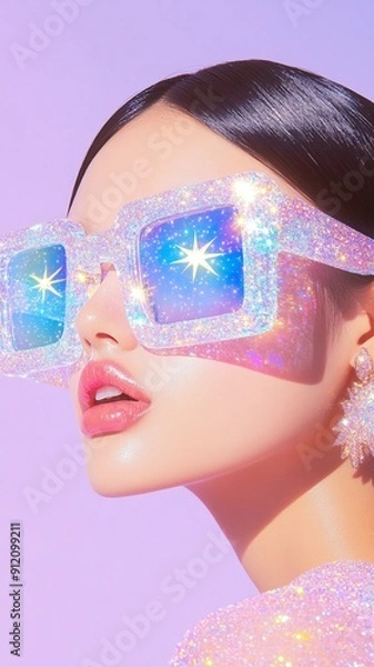 Fototapeta model wearing vitreous sunglasses with star and moon in the glass, fairy kei, use of precious materials, vibrant and lively hues, captivating, glitter 