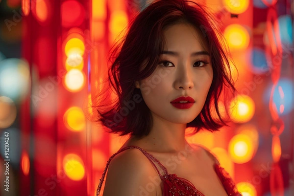 Fototapeta A woman in a red dress is standing in front of a wall of lights