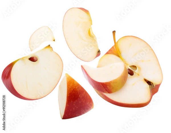 Obraz Apfelstücke fallend isoliert auf weißen Hintergrund, Freisteller, Transparent 