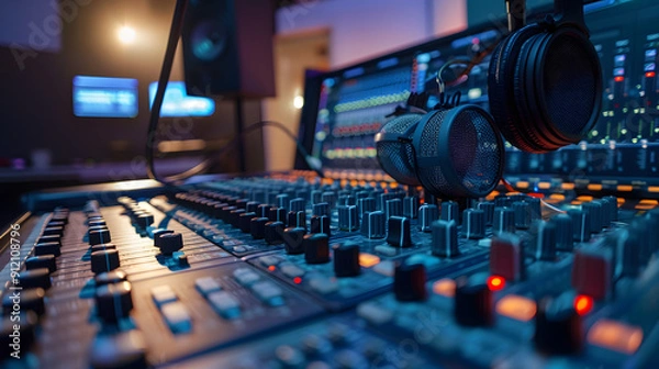 Fototapeta A close-up of a mixing board in a radio studio, with a microphone and headphones visible in the background.