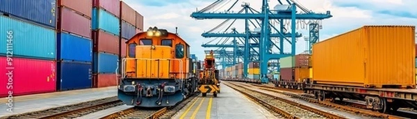 Fototapeta Train Yard Container Loading Image of containers being loaded onto freight trains in a rail yard, with the train and loading equipment