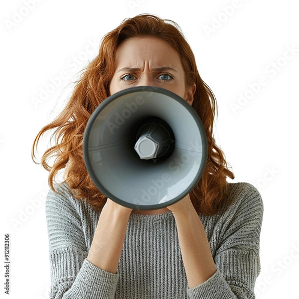 Fototapeta Woman with megaphone, serious expression.
