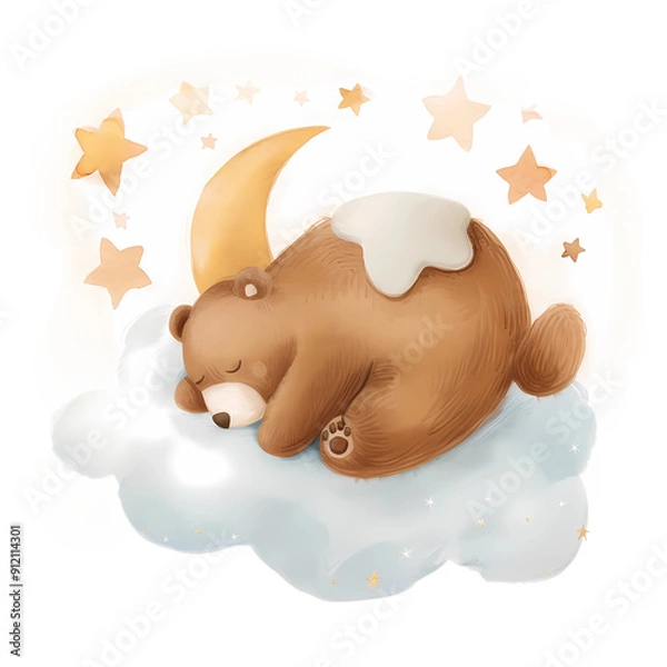 Fototapeta Adorable Bear Sleeping on a Cloud with Stars and Moon.