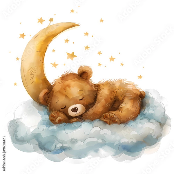 Fototapeta Cute Bear Sleeping on a Cloud with Moon and Stars.