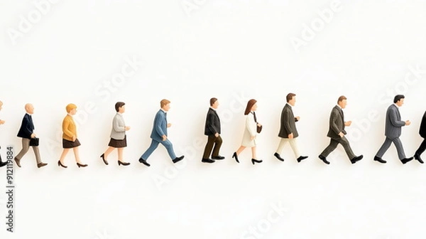 Fototapeta Various business men and women miniature figures in clay texture standing in a line and walking. side view close-up. Isolated on white background.