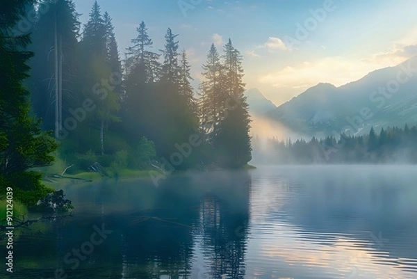 Obraz Misty Mountain Lake Sunrise with Pine Trees Reflected in Water