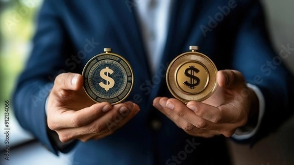 Fototapeta A businessman holding two decorative coins, showcasing a symbol of wealth and investment in a professional setting.