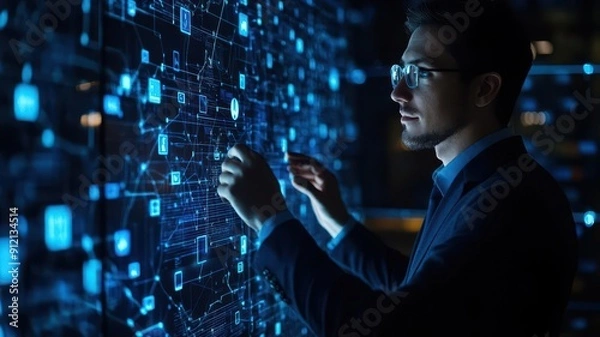 Fototapeta A professional man interacting with a digital interface, showcasing innovation and technology in a modern workspace.