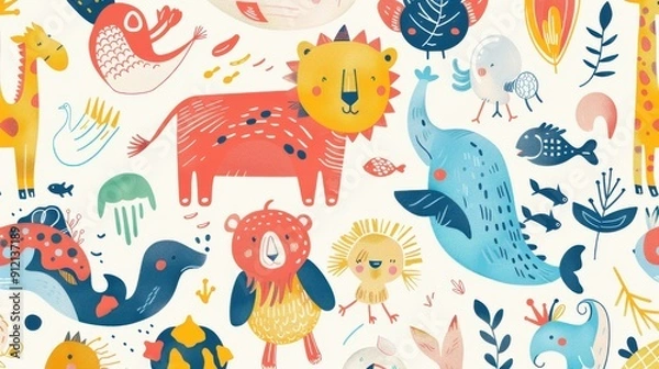 Fototapeta A playful clip art background with colorful, whimsical illustrations of animals, objects, and characters, perfect for adding a fun and cheerful touch to any project