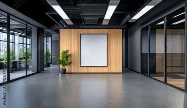 Fototapeta A modern office space with glass walls, white concrete floors and sleek furniture.