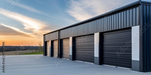 Fototapeta A large outdoor storage unit with black doors, in the background is an empty parking lot
