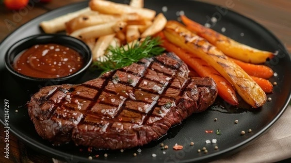 Obraz Grilled Steak with Roasted Carrots and Potatoes Served with Dipping Sauce