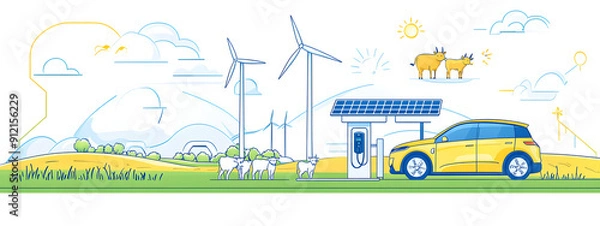 Fototapeta line art illustration of sustainable energy, wind turbines and solar panels in the background with electric car