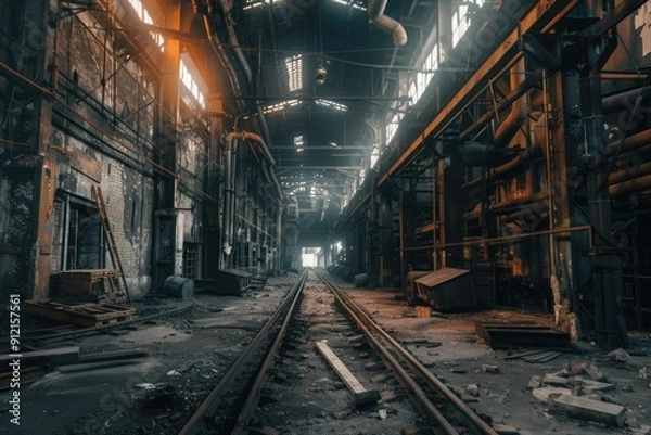 Fototapeta Train Track Through Abandoned Building