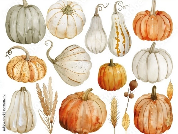 Obraz Set of different pumpkins watercolor illustration on white. AI generated