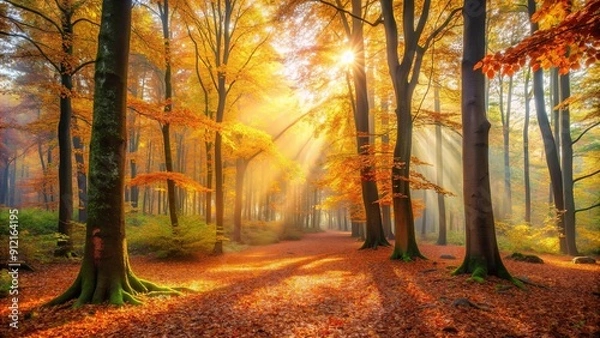 Fototapeta Tranquil setting of an autumn forest in the morning , autumn, forest, morning, fall, colorful, trees, foliage, peaceful