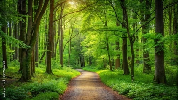 Fototapeta Tranquil path winding through a lush green woods, forest, trees, trail, nature, peaceful, serene, walkway, solitude