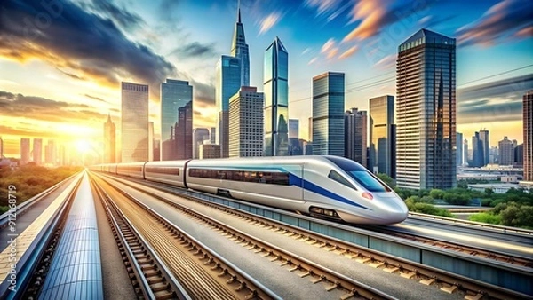 Obraz A Symphony of Steel and Speed: A High-Speed Train Gliding Through a Modern Cityscape  Generative AI