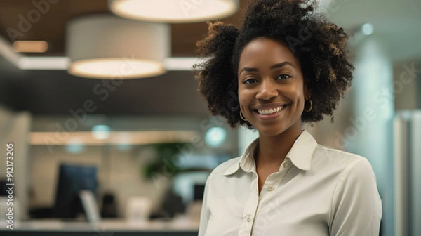 Fototapeta A confident African American business woman in a suit, smiling warmly in a modern office setting, exuding professionalism and success.
